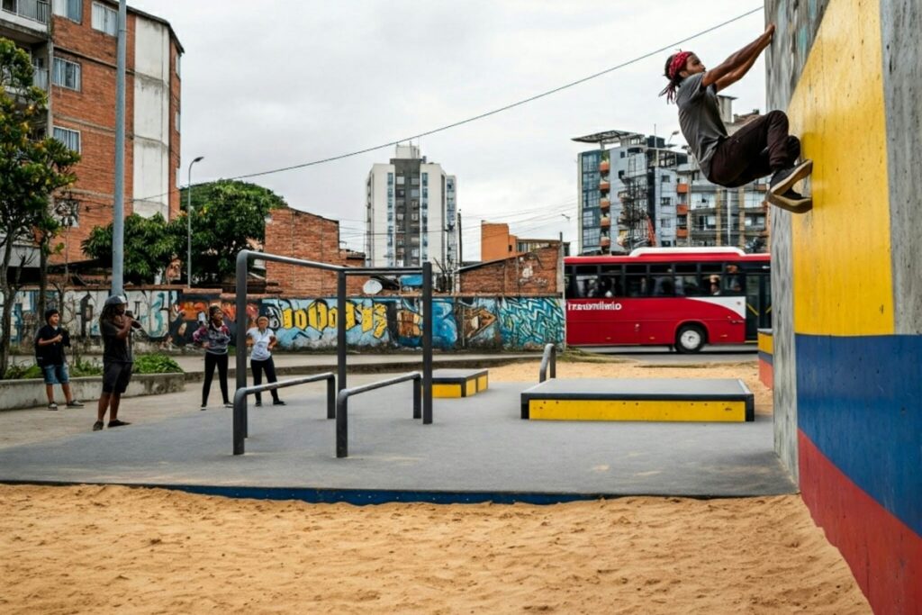 En la imagen, un individuo está practicando un movimiento de escalada en una pared colorida, mientras que varios espectadores lo observan en un espacio abierto urbano. Hay edificios en el fondo, un autobús rojo y murales de graffiti en el entorno. Las tendencias del marketing en redes sociales en Colombia para 2025, similar a este escena dinámica, se centrarán en la interacción y la autenticidad. Las marcas buscarán conectarse con la audiencia a través de contenido real, como la práctica deportiva en entornos cotidianos, y fomentar la participación activa de los usuarios, así como aprovechar los ambientes locales y auténticos para resonar con la cultura y la vida de los colombianos.